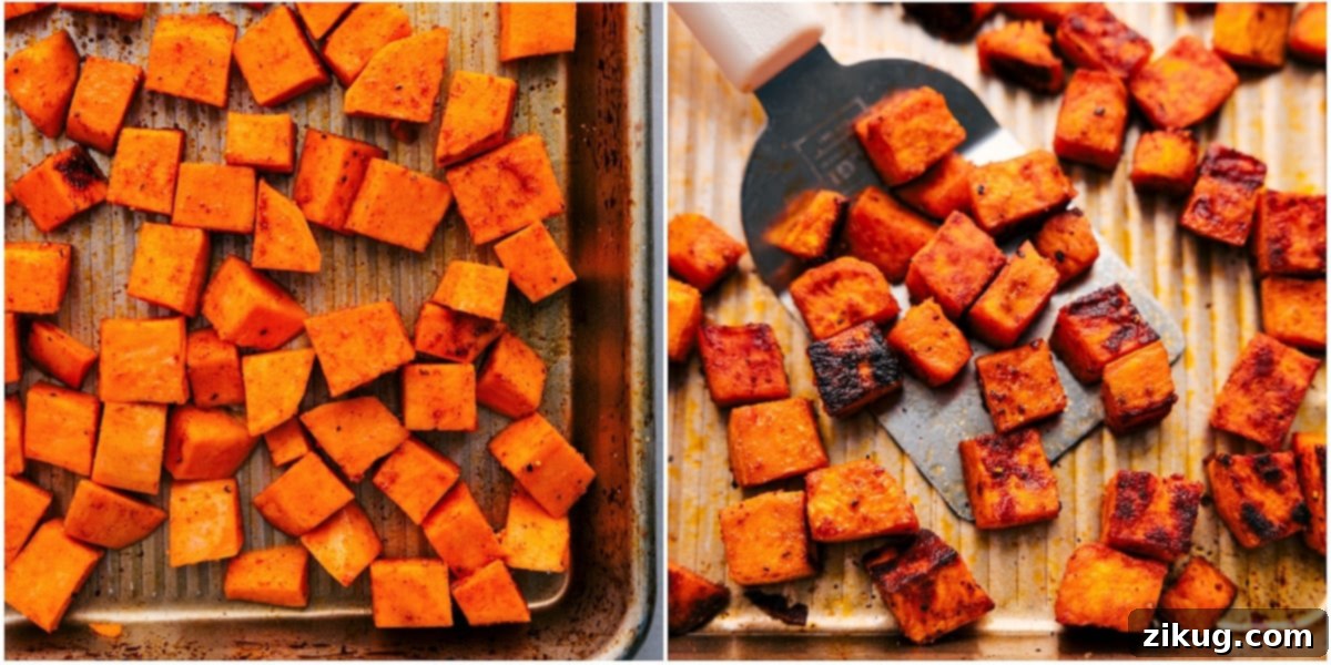 How to Perfectly Roast Sweet Potatoes for Salad Perfectly cubed sweet potatoes seasoned with olive oil, paprika, and garlic powder, evenly spread in a single layer on a large sheet pan, demonstrating the ideal setup for roasting to achieve golden-brown, tender perfection for the Sweet Potato Quinoa Salad.