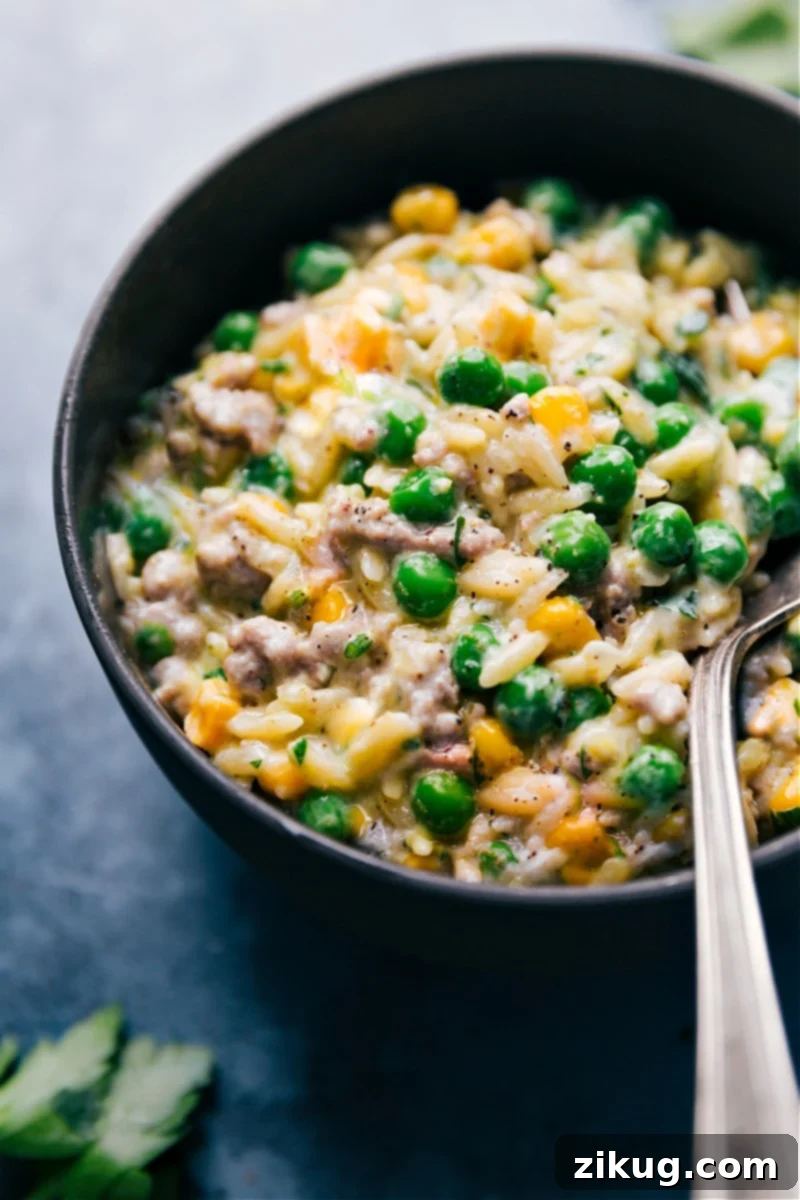 This easy, one-pot, 30-minute Creamy Pesto Orzo is loaded with ground meat, veggies, and orzo pasta. Plus: minimal chopping, minimal dish clean-up, and minimal hands-on time. What's not to love?! Recipe via ChelseasMessyApron #dinner #quick #easy #simple #best #peas #corn #comfortfood #kidfriendly #creamy #pesto #orzo Creamy Pesto Orzo in a bowl