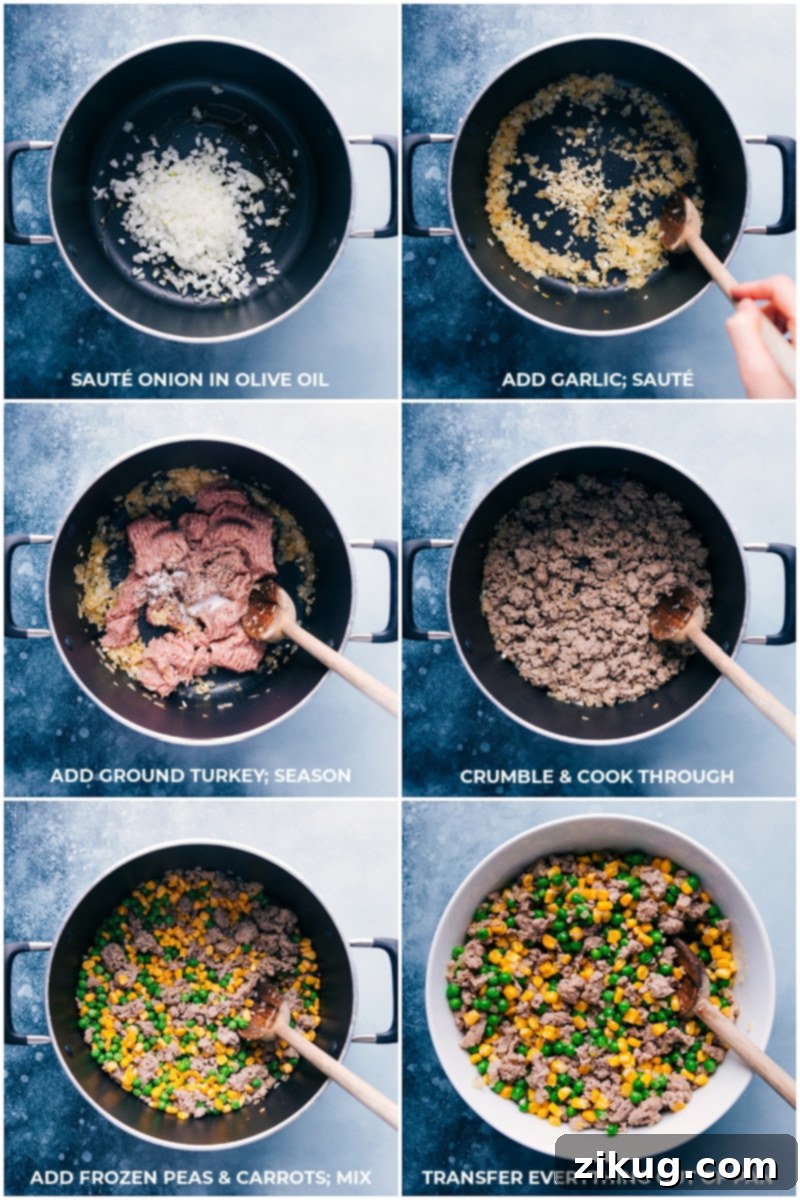 30-minute Creamy Pesto Orzo is loaded with ground meat, veggies, and orzo pasta. Plus: minimal chopping, minimal dish clean-up, and minimal hands-on time. What's not to love?! Recipe via ChelseasMessyApron #dinner #quick #easy #simple #best #peas #corn #comfortfood #kidfriendly #creamy #pesto #orzo Process shots: cooking the veggies and ground turkey