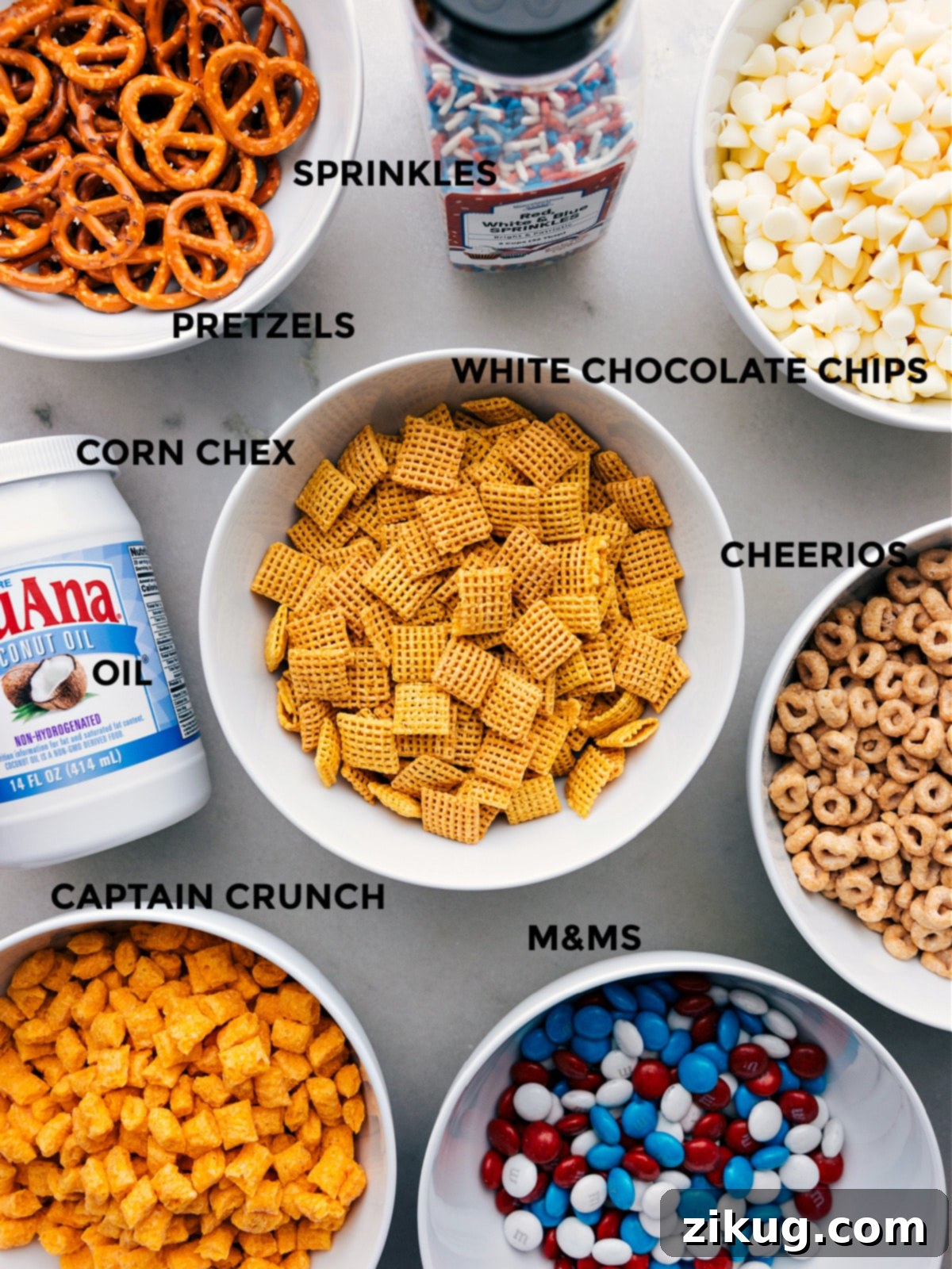Key Ingredients for Easy 4th of July Snack Mix Assembly All the ingredients meticulously prepped for easy and efficient assembly of 4th of July Snack Mix.