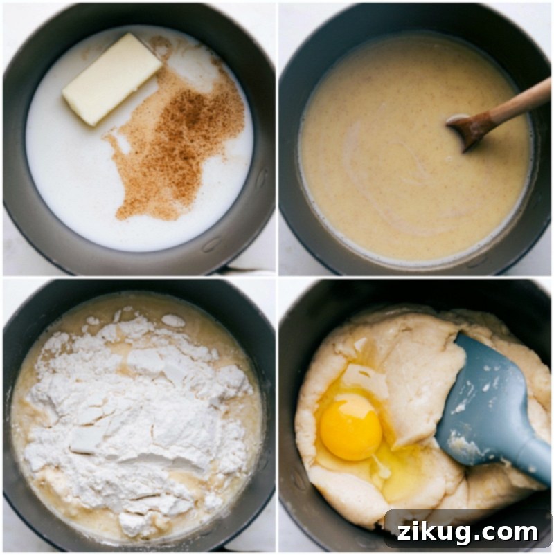 Making Churro Dough: Ingredients Mixed Together in Saucepan Dough preparation in a saucepan with ingredients being combined.
