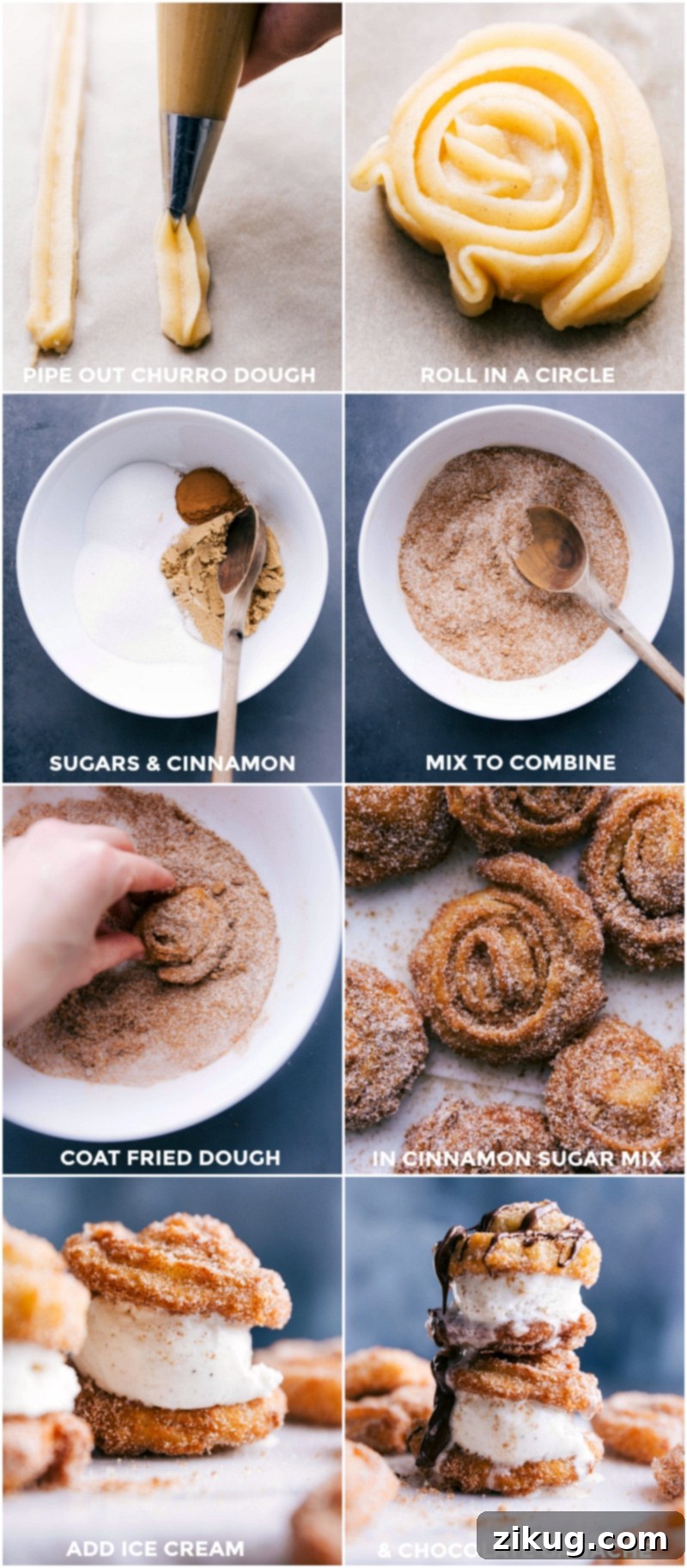 Churro Making Process: Piping Dough, Creating Cinnamon Sugar, Coating Fried Dough, and Adding Ice Cream Filling Dough piped into circles, with cinnamon sugar prepared, fried dough dipped in sugar, and ice cream placed in the center.