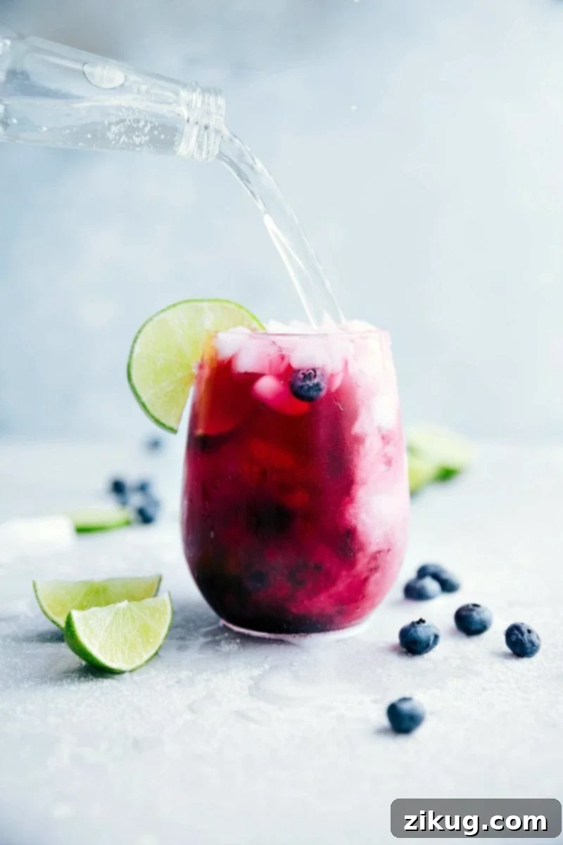 Chilled Limeberry Fizz 6 Ingredients for Frosted Lime-Berry Spritzer, including fresh blueberries, limes, sparkling water, and sugar, laid out on a white surface.