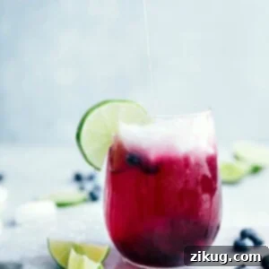 Chilled Limeberry Fizz 7 Frosted Lime-Berry Spritzer in a glass with blueberries, lime, and mint garnish.