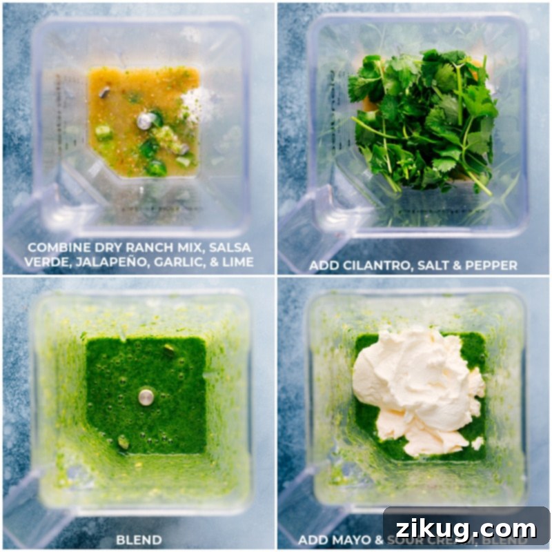 Crafting this creamy cilantro-lime Cafe Rio Dressing copycat is unbelievably simple. Just combine the vibrant ingredients in a blender and let it transform into a flavor explosion! Process shots-- images of the ingredients being added to the blender and it all being blend together