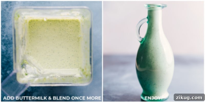Achieve the ideal consistency for your homemade Cafe Rio Dressing by gradually adding buttermilk and blending to perfection, ready to be poured into a jar and enjoyed. Images of the cafe rio dressing getting buttermilk added and then it being poured into a jar
