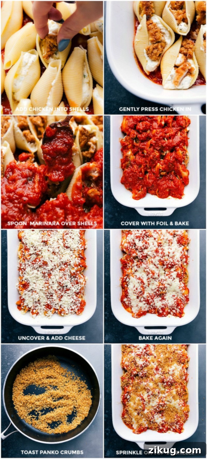 Preparing Chicken Parm Stuffed Shells: Assembly, Baking, and Topping with Crispy Panko Assembly and baking steps for Chicken Parm Stuffed Shells: adding cheese-filled shells to the pan, pressing chicken pieces into each shell, spooning marinara sauce over them, baking covered, uncovering to add more cheese, then baking until golden. Finally, toasting panko crumbs and sprinkling them on top for a crispy finish.