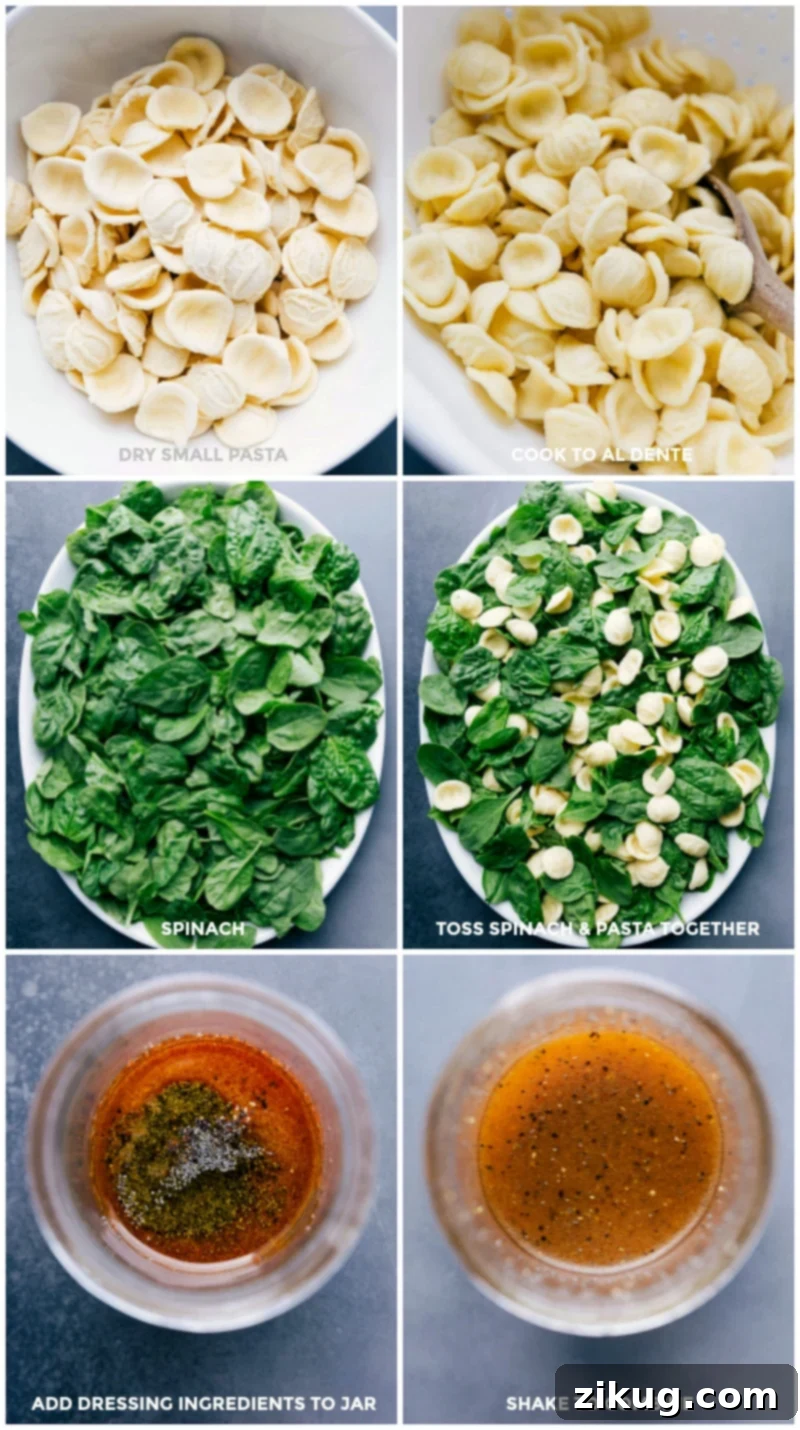 A simple pasta and spinach salad with tart apples, crisp celery, toasted pecans, sweet dried cranberries, and juicy oranges. This salad is dressed with a simple poppyseed vinaigrette. Recipe via chelseasmessyapron #apples #walnuts #oranges #autumn #crunch #pasta #salad Process shots showing pasta cooking, spinach preparation, and the poppyseed vinaigrette being made for Autumn Crunch Pasta Salad.