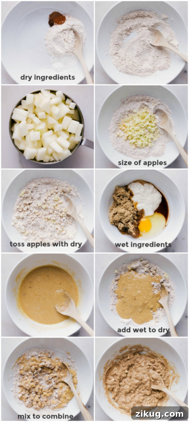 Wholesome Apple Muffins 3 Mixing wet and dry ingredients in separate bowls to create the perfect batter for homemade healthy apple muffins.