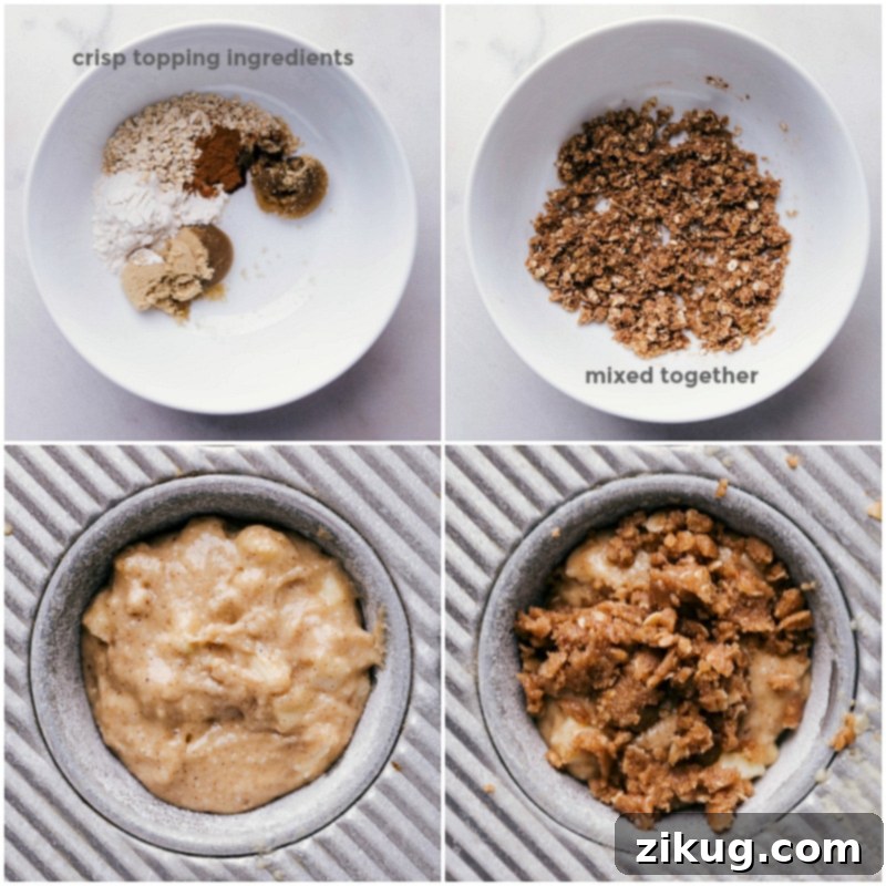 Making Crisp Topping: Oats and Brown Sugar for Healthy Apple Muffins Creating the delicious crisp topping for healthy apple muffins using quick oats and brown sugar for added texture and sweetness.