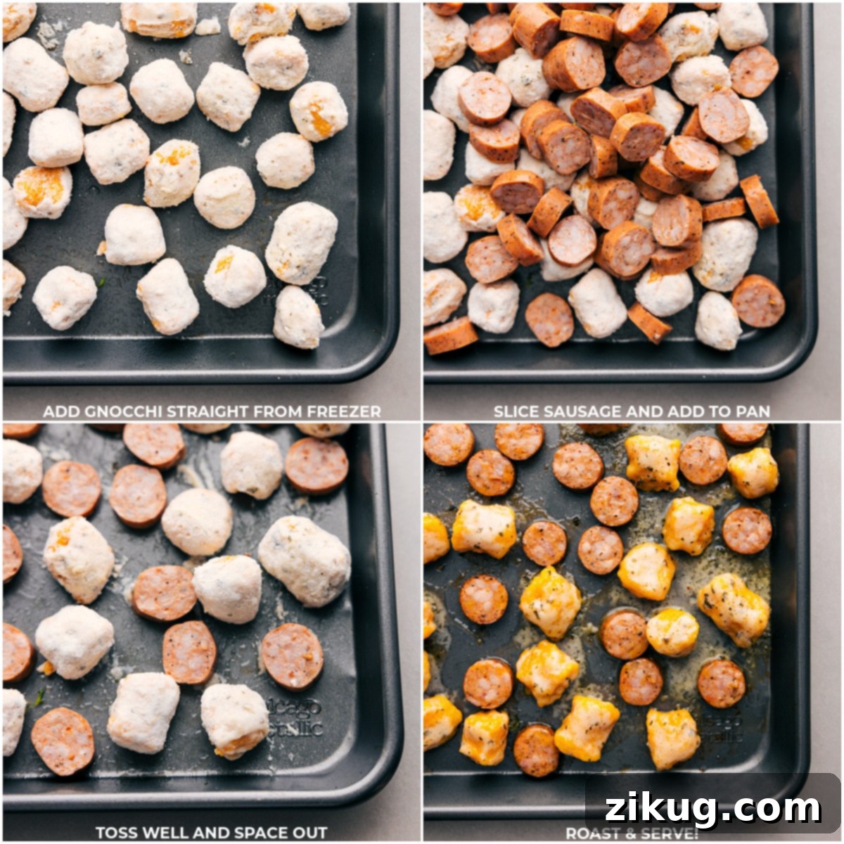 Easy Trader Joe's 3-Ingredient Recipes 4 The sheet pan with roasted sweet potato gnocchi and chicken sausage halfway through cooking, showing the ingredients starting to brown.