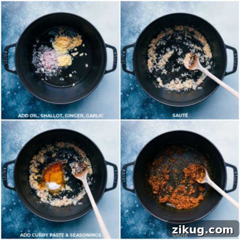 Step-by-step preparation of Coconut Curry Lentils: sautéing aromatics, adding curry paste and spices to build the base flavor. This crucial step develops the rich essence of the curry. #curryprep #cookingsteps #sauté #flavordevelopment Process images showing shallots, ginger, and garlic being sautéed in oil, followed by the addition of curry paste and spices, continuing to sauté for fragrance.