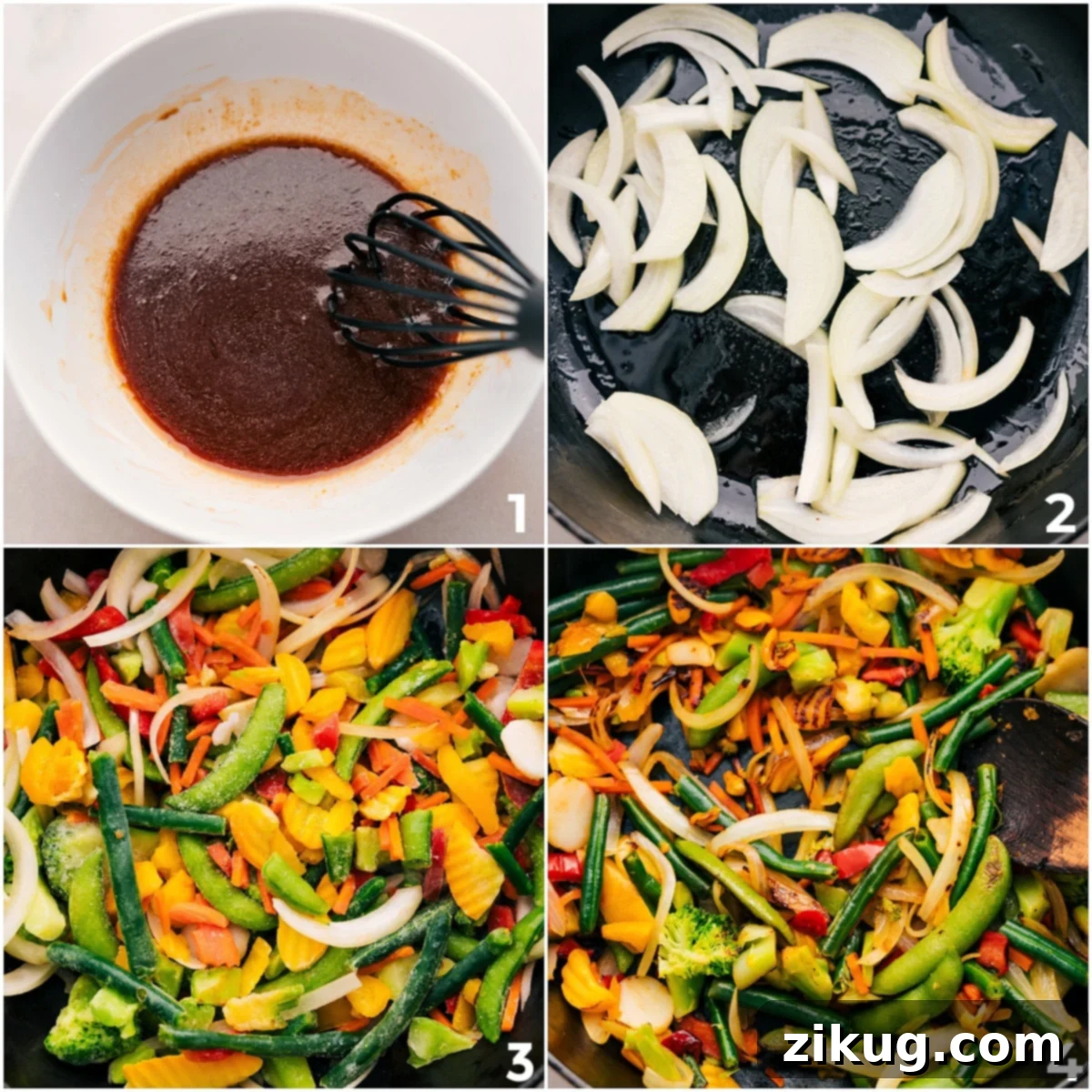 How To Make Rotisserie Chicken Stir Fry Step-by-step imagery showing the stir-fry sauce being whisked in a bowl and the vegetables sautéing in a hot skillet, central to the Rotisserie Chicken Stir-Fry recipe preparation.