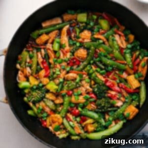 A perfectly portioned serving of Rotisserie Chicken Stir-Fry, garnished with green onions and sesame seeds, ready to be enjoyed.