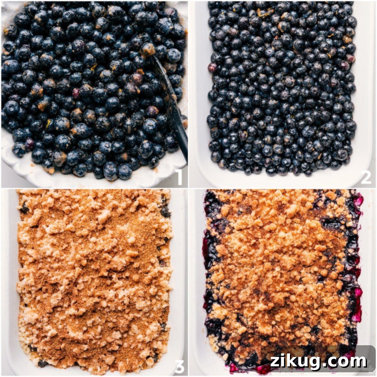 How To Make the Best Homemade Blueberry Cobbler Step-by-step process of making blueberry cobbler: fresh blueberries are tossed with sugar and spices, added to a baking pan, generously topped with crumble, and baked until golden brown and bubbling.