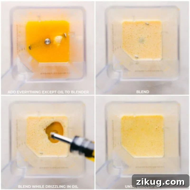 Simple steps to crafting your perfect Citrus Vinaigrette at home. Process shots showing the individual ingredients being added to a blender and then olive oil being slowly drizzled in for perfect emulsification.