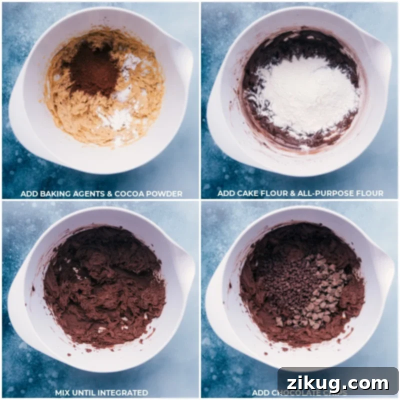 Essential Ingredients for the Best Bakery Style Chocolate Cookies Ingredients for Bakery Style Chocolate Cookies including cocoa powder, flour, baking agents, and chocolate chips in bowls