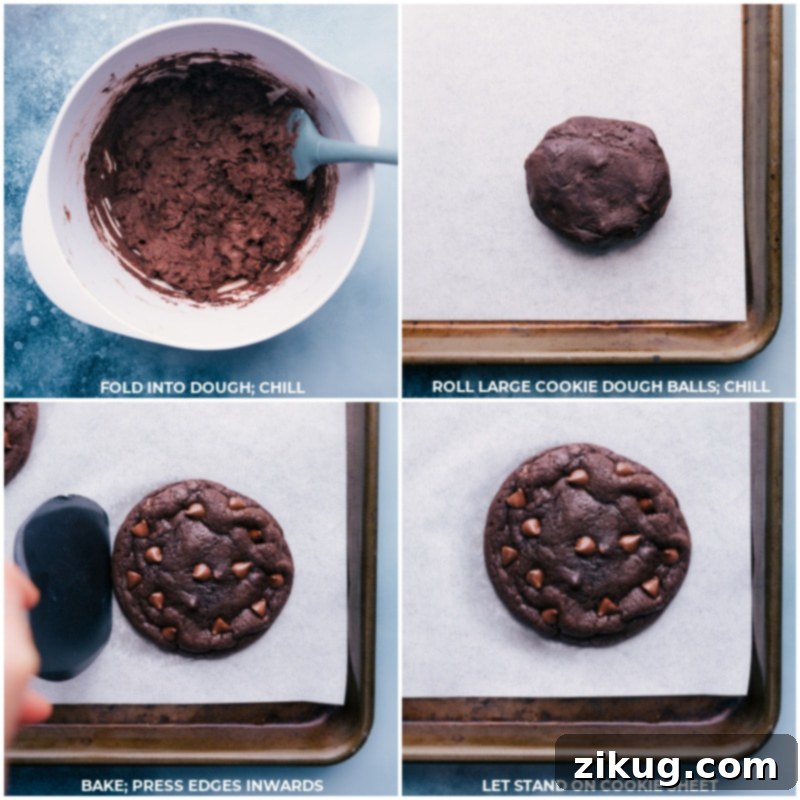 Process of Baking Bakery Style Chocolate Cookies Chocolate cookie dough balls being rolled and baked on a baking sheet, showing the baking process