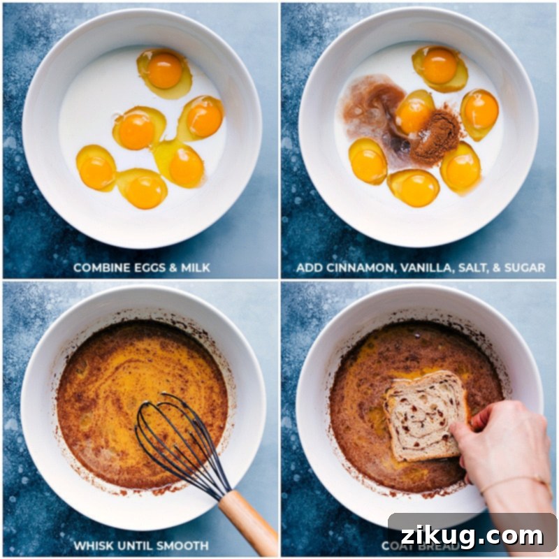 Creating the egg mixture and dipping bread in it for cinnamon-sugar French toast. Process shot of making French toast batter. A clear glass bowl holds a whisked mixture of eggs, milk, cinnamon, salt, vanilla, and brown sugar. Alongside, a stack of thick cinnamon-sugar swirled bread slices is ready for dipping. The focus highlights the creamy texture of the batter and the readiness of the bread.