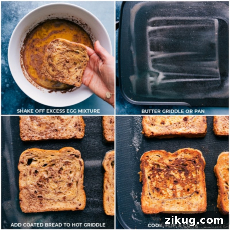 Cooking the cinnamon-sugar French toast on a griddle until golden brown. Process shot of cooking French toast on a griddle. Several thick slices of cinnamon-sugar French toast are cooking to a golden-brown on a hot electric griddle. A thin layer of melted butter is visible, and steam rises subtly, indicating the heat. The toast has a beautifully even color, and the edges are starting to crisp.
