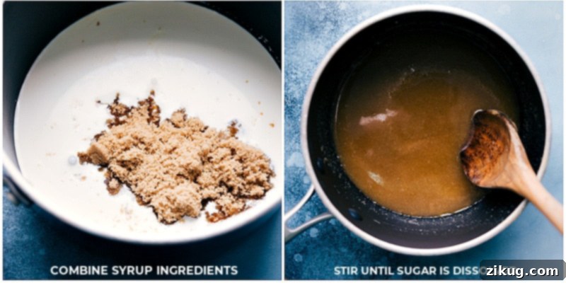 Making the four-ingredient caramel syrup for French toast. Process shot of making caramel syrup. A saucepan on a stovetop contains a bubbling, golden-brown caramel mixture. A whisk is actively stirring the mixture, showing its smooth, thick consistency. Ingredients like brown sugar and heavy cream are subtly suggested in the rich color and texture.