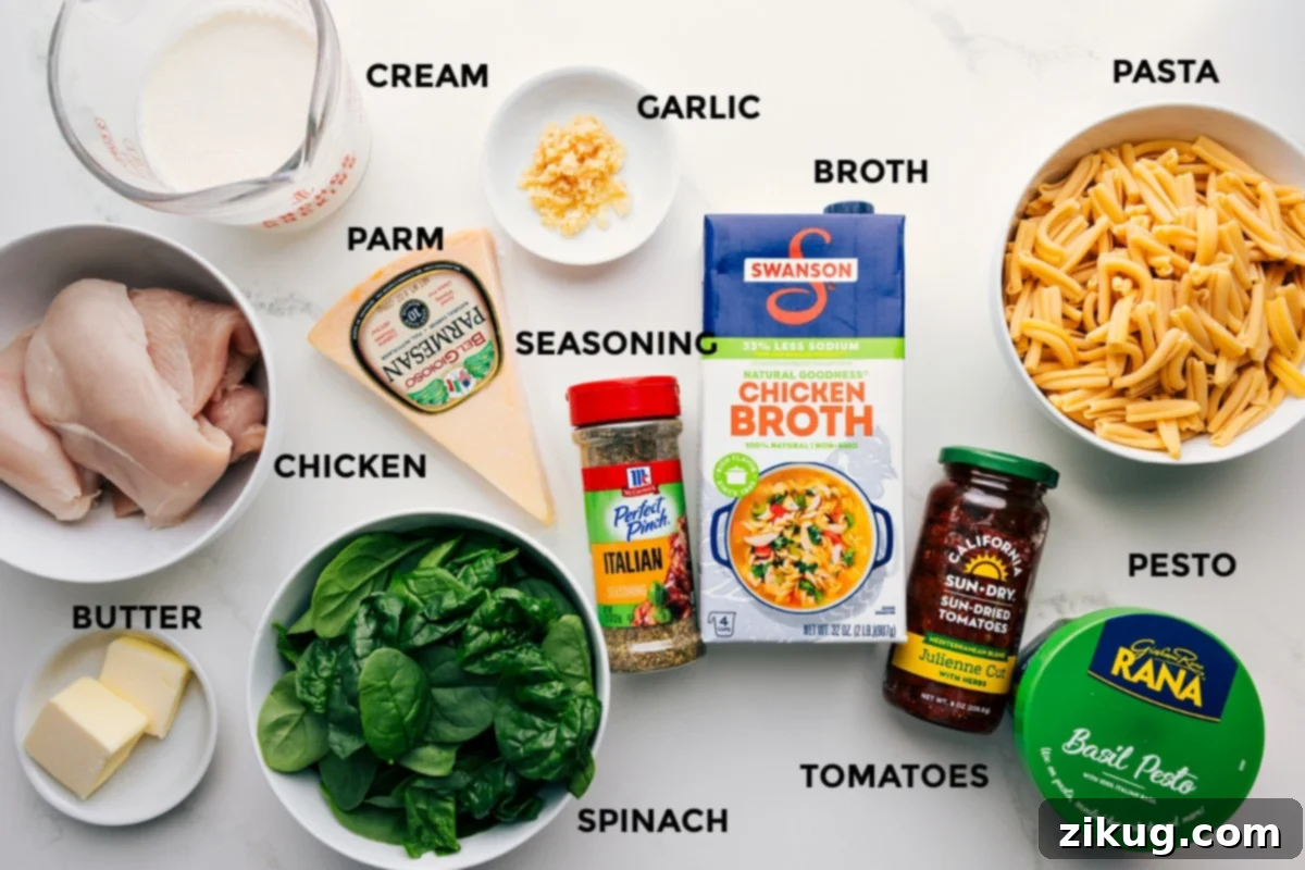 Essential Ingredients for Marry Me Pasta A vibrant display of all the essential ingredients for Marry Me Pasta, meticulously prepped and ready for cooking: various pasta shapes, fresh pesto, sun-dried tomatoes, chicken broth, minced garlic, rich heavy cream, grated Parmesan cheese, a selection of seasonings, butter, fresh spinach, and tender chicken breasts.
