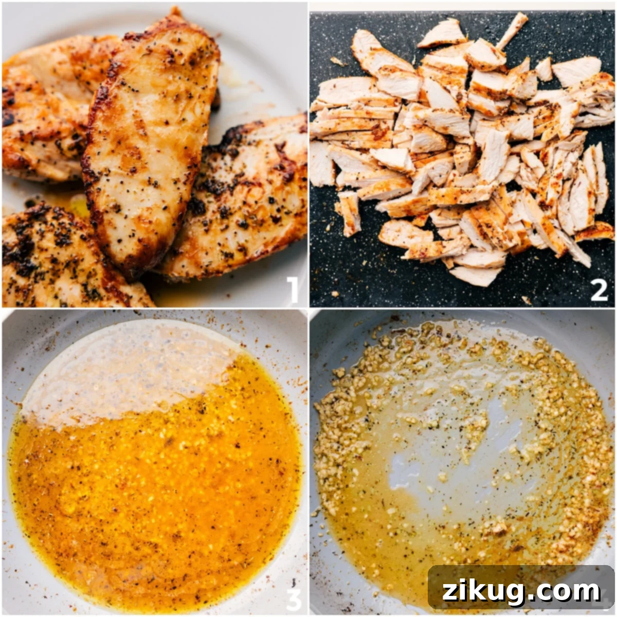 Building the Flavor Base for Marry Me Pasta Cooked chicken is added to the Marry Me Pasta sauce, followed by minced garlic and chicken broth simmering in the same pan to create a flavorful foundation for the creamy sauce.