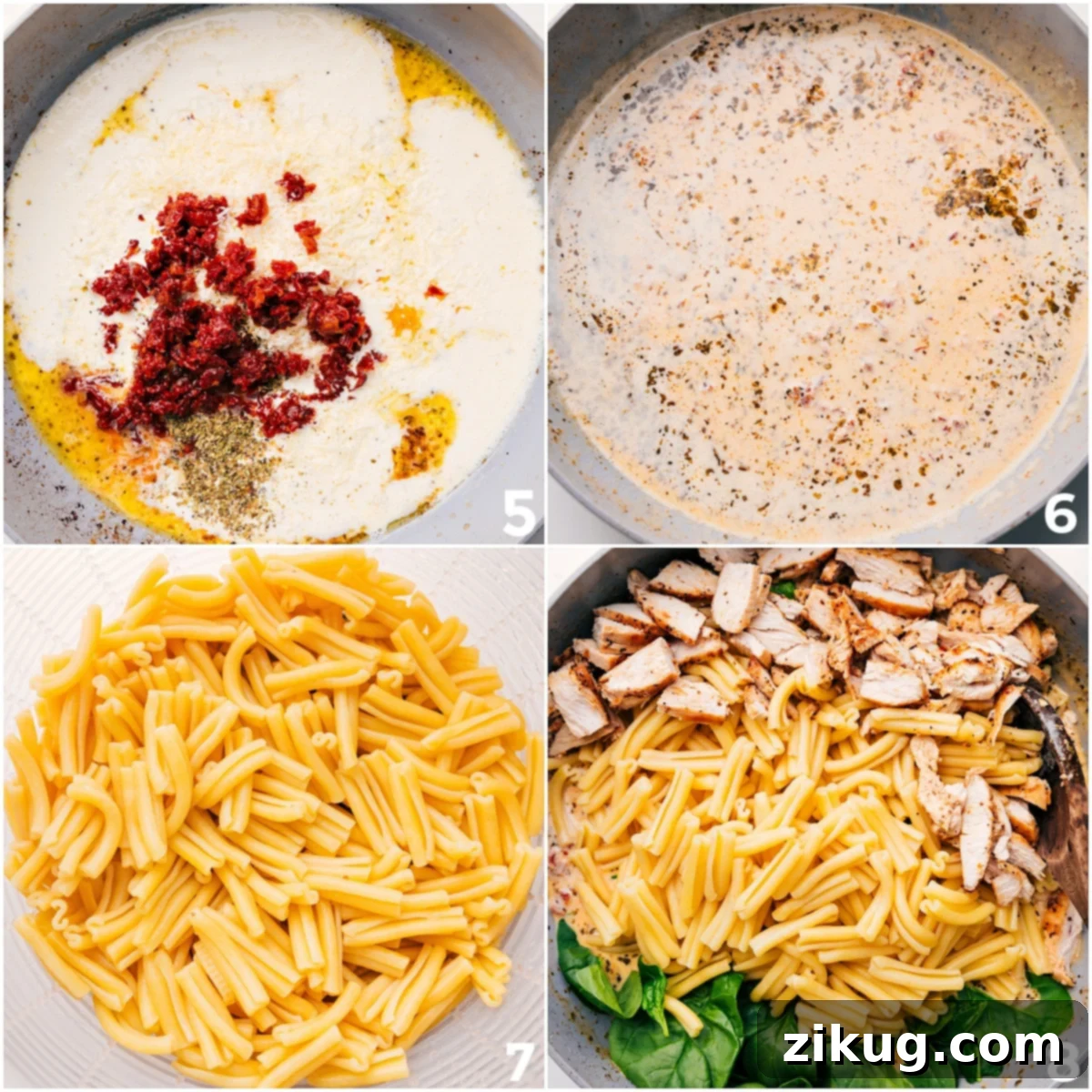 Assembling Your Delicious Marry Me Pasta The final stages of Marry Me Pasta preparation: sun-dried tomatoes, Parmesan cheese, seasonings, and heavy cream are incorporated into the savory sauce base, then tossed with cooked pasta, fresh spinach, and tender chicken pieces for a complete, simple, and delicious dinner.