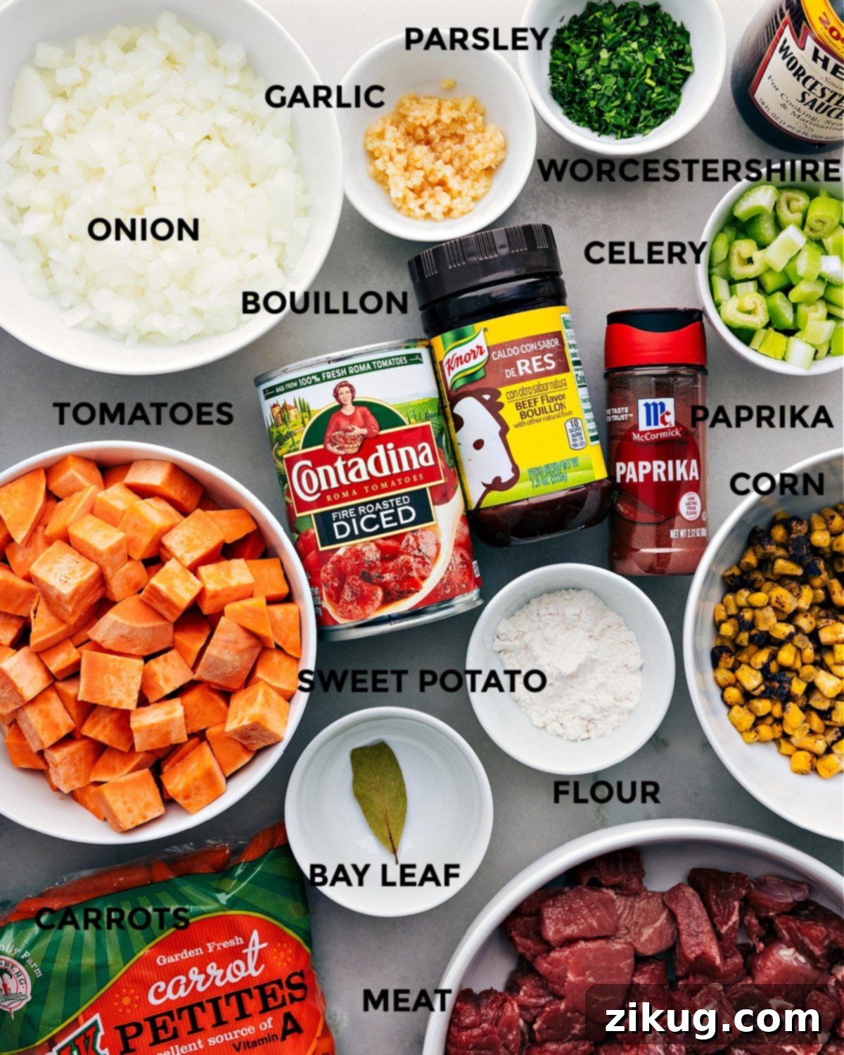 Essential Ingredients for Hearty Sweet Potato Beef Stew All fresh ingredients for the Sweet Potato Beef Stew prepped and laid out for easy assembly.