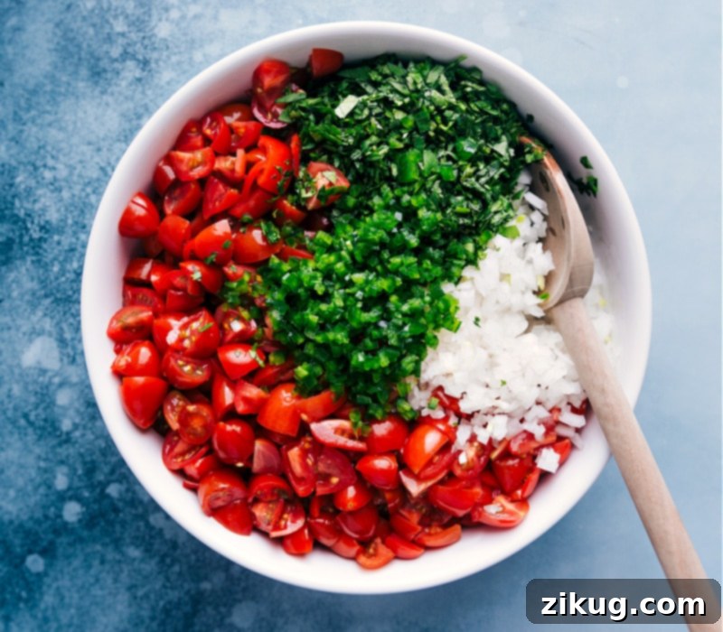 The vibrant ingredients for classic Pico de Gallo, including diced tomatoes, onions, peppers, cilantro, lime, and salt, ready for mixing. Process shots showing various fresh ingredients being added to a mixing bowl for Pico de Gallo