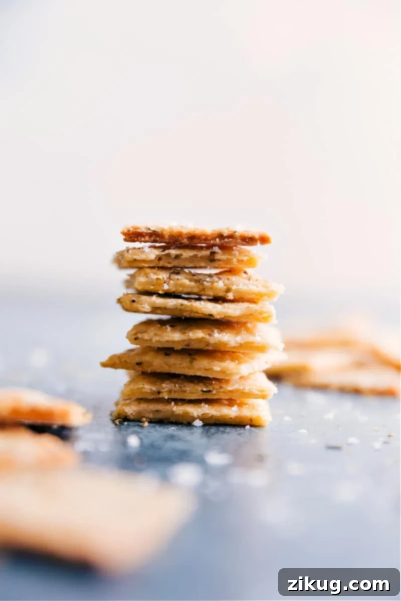 Delicious Homemade Parmesan and Italian Herb Crackers Stacked homemade Parmesan and Italian seasoning crackers, golden brown and crispy.