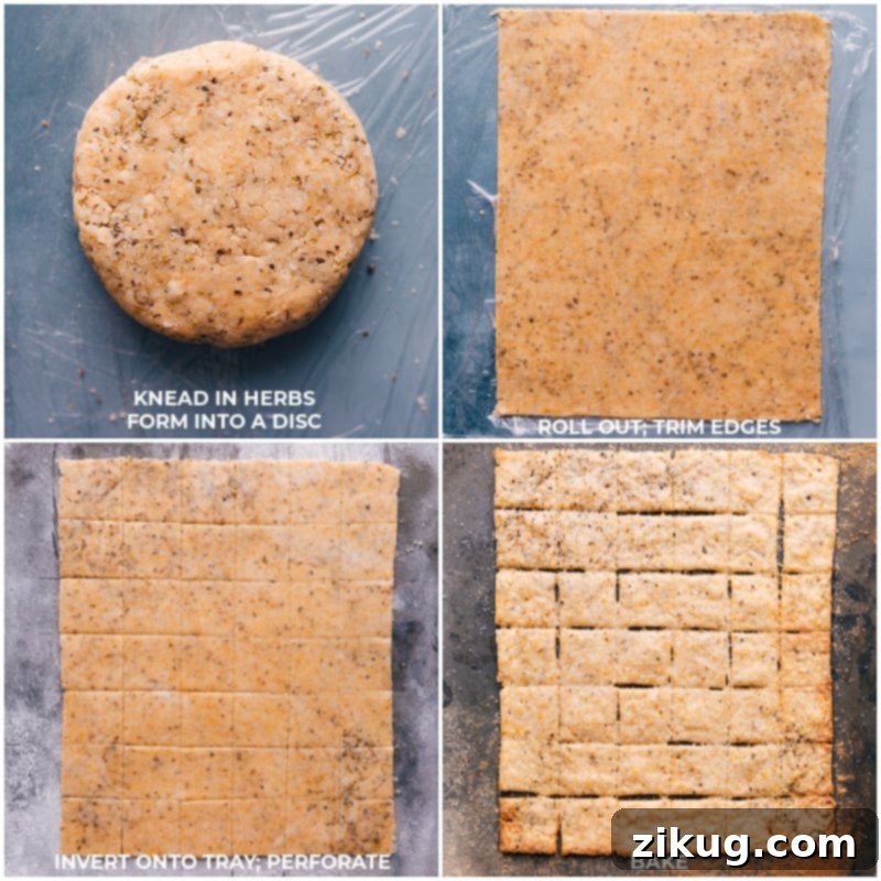 Rolling, Scoring, and Baking Homemade Crackers Process shots showing cracker dough being rolled out, scored into squares, and baked until golden.