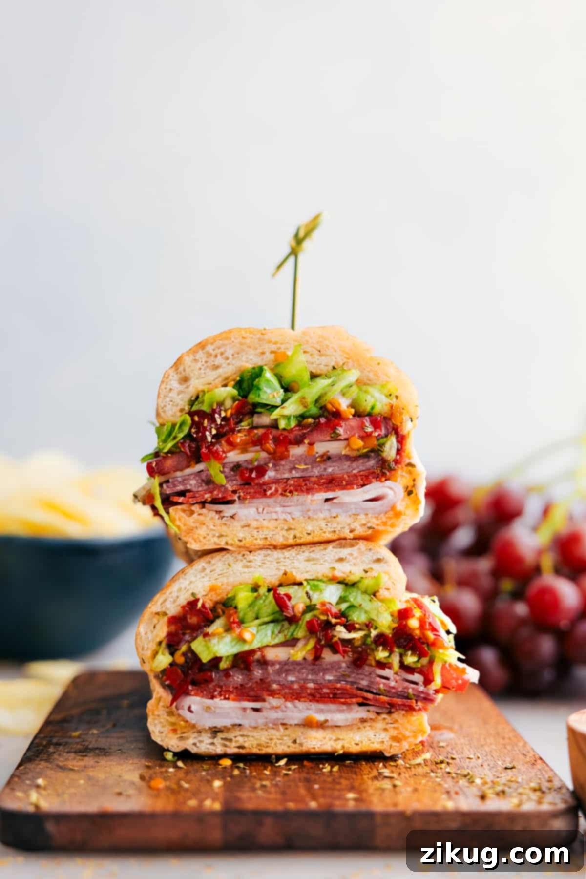 The Best Italian Hoagies Recipe Two perfectly layered Italian Hoagies, showcasing their delicious fillings and inviting crusty bread, ready to be enjoyed.