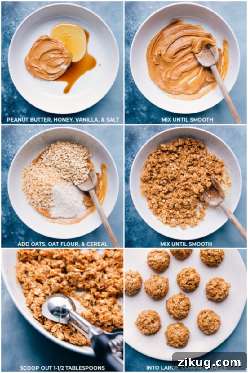 Witness the easy preparation! Making No-Bake Healthy Breakfast Cookies requires minimal effort and simple mixing, perfect for a quick and wholesome treat. Step-by-step process of mixing ingredients for No-Bake Healthy Breakfast Cookies in a large bowl.