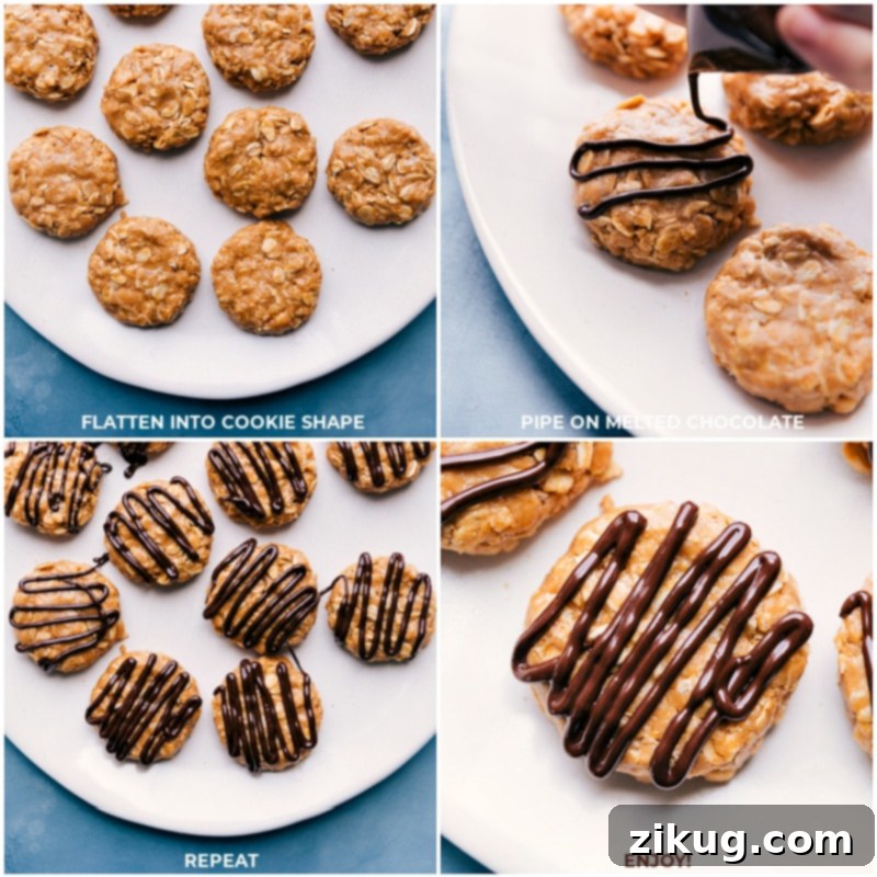 Enhance your breakfast cookies with an optional, easy chocolate drizzle. This simple addition makes them extra special and incredibly tasty! Finishing touch: Hands drizzling melted chocolate over freshly made No-Bake Healthy Breakfast Cookies.