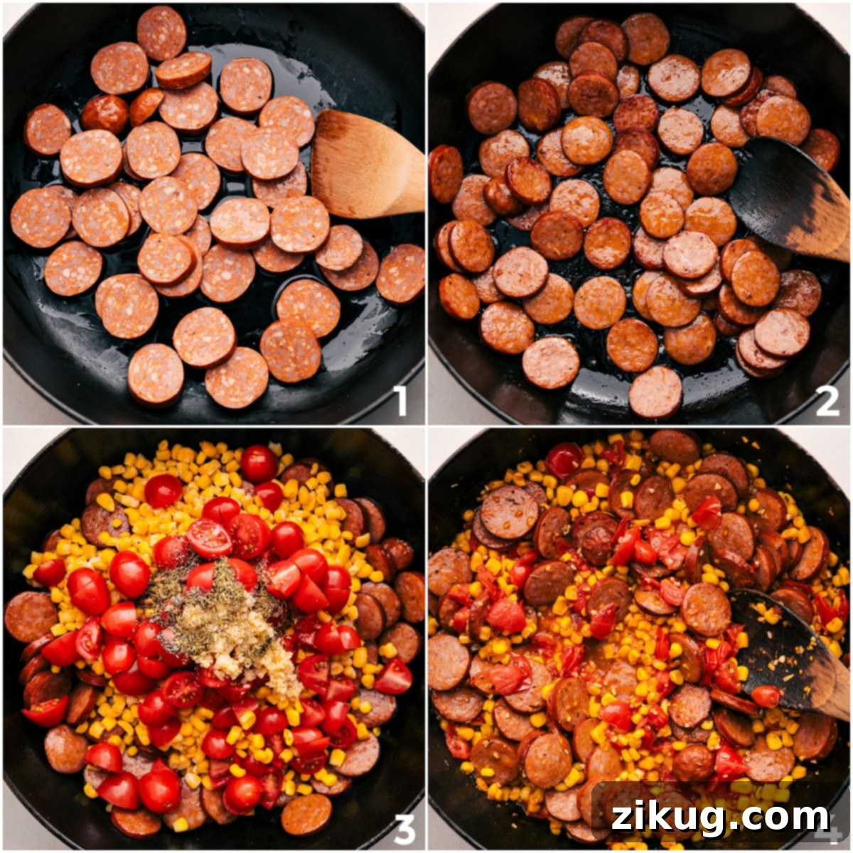 Creamy Sausage and Sweet Corn Pasta 4 Step-by-step image showing sliced sausage browning in a skillet, followed by the addition of corn, cherry tomatoes, seasonings, and garlic.