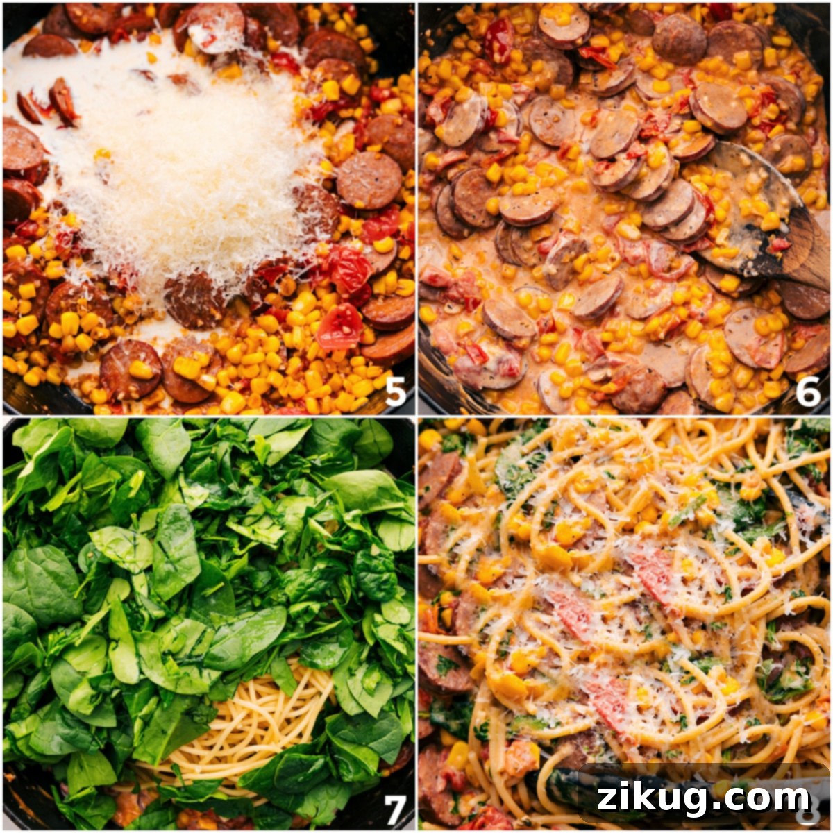 Creamy Sausage and Sweet Corn Pasta 5 A close-up of Corn and Sausage Pasta being mixed with fresh spinach and Parmesan cheese in a large skillet.