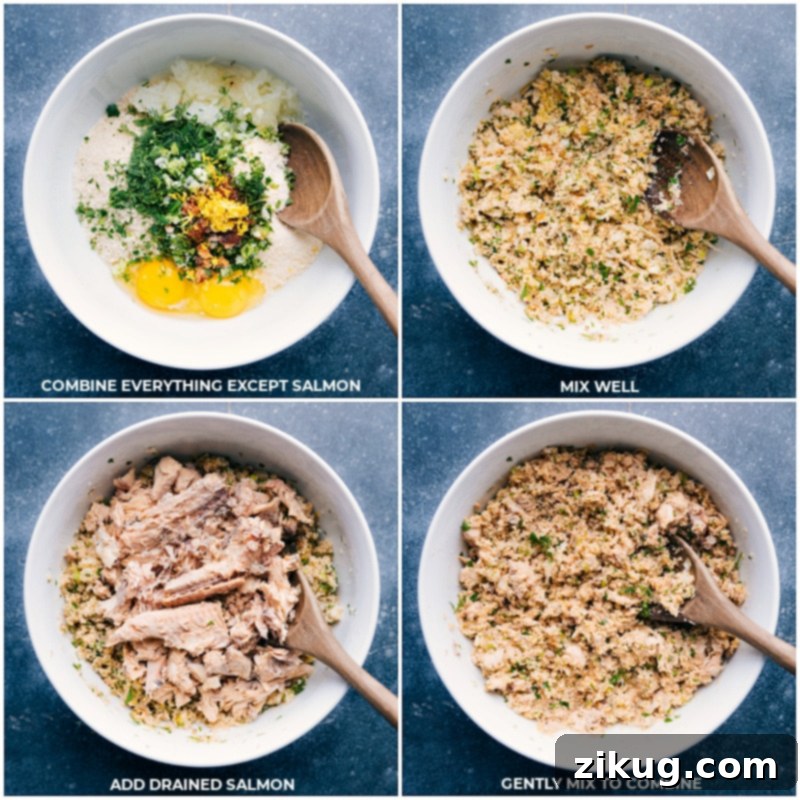 Process shots showing various fresh ingredients for salmon burgers, including flaked salmon, panko breadcrumbs, finely chopped herbs, and grated parmesan cheese, all mixed together in a large bowl.