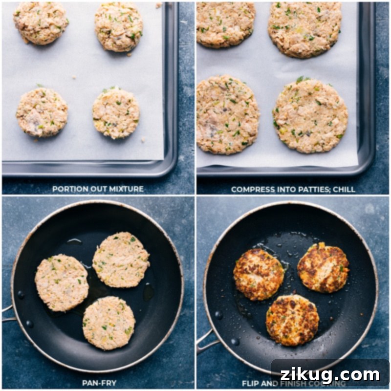 Process shots showcasing the formation and cooking of salmon burger patties; first, uniform patties are shaped, then expertly pan-fried to a golden-brown crisp.