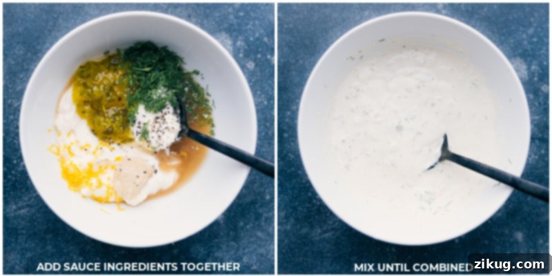 Close-up image of a vibrant lemon-dill tartar sauce being mixed in a small bowl, highlighting its creamy texture and fresh herbs.