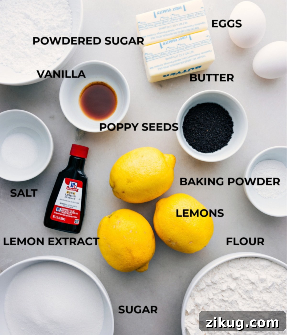 Key Ingredients Prepped for Lemon Poppy Seed Cookies All the essential ingredients for making Lemon Poppy Seed Cookies neatly prepped on a counter: fresh lemons, pure lemon extract, unsalted butter, granulated sugar, eggs, vanilla extract, baking powder, fine sea salt, poppy seeds, and all-purpose flour.