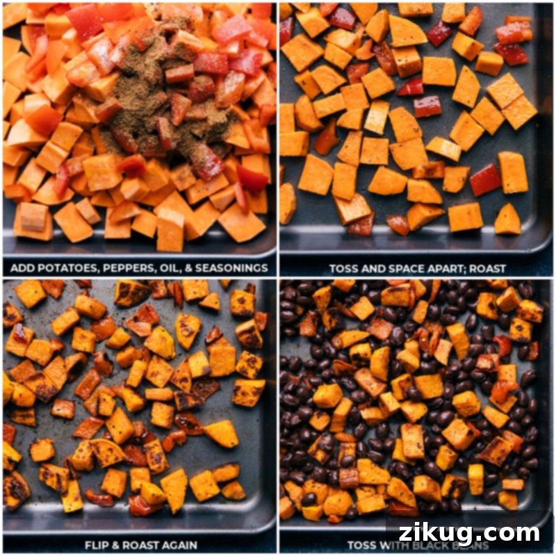 Roasted sweet potato, sweet pepper, and black beans atop a bed of spinach and cooked quinoa with roasted pumpkin seeds and crumbly soft cheese. Add the show-stopping basil-lime vinaigrette and we're ready to eat! Recipe via ChelseasMessyApron #dinner #quick #easy #simple #best #fresh #clean #cleaneating #detox #detoxsalad #goatcheese #dressing #quinoa #salad #recipe Process shots of the Quinoa Salad Recipe preparation, showing sweet potatoes, bell peppers, seasonings, and oil being added to a baking tray, followed by black beans.