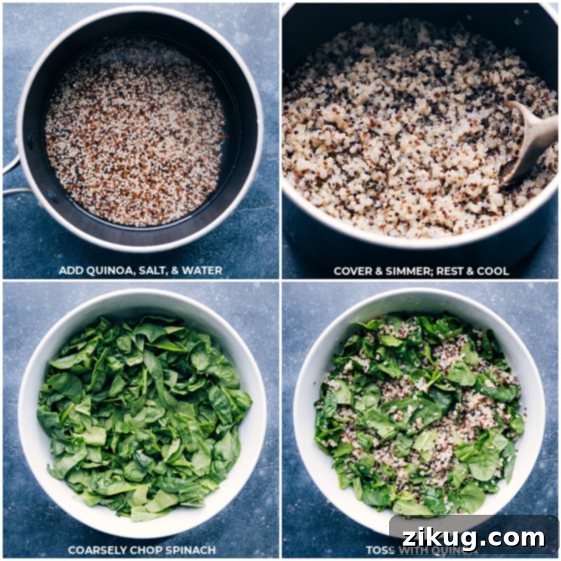 This Quinoa Salad Recipe is our favorite! Roasted sweet potato, sweet pepper, and black beans atop a bed of spinach and cooked quinoa with roasted pumpkin seeds and crumbly soft cheese. Add the show-stopping basil-lime vinaigrette and we're ready to eat! Recipe via ChelseasMessyApron #dinner #quick #easy #simple #best #fresh #clean #cleaneating #detox #detoxsalad #goatcheese #dressing #quinoa #salad #recipe Process shots of the Quinoa Salad Recipe, showing quinoa being cooked and then tossed with fresh spinach.