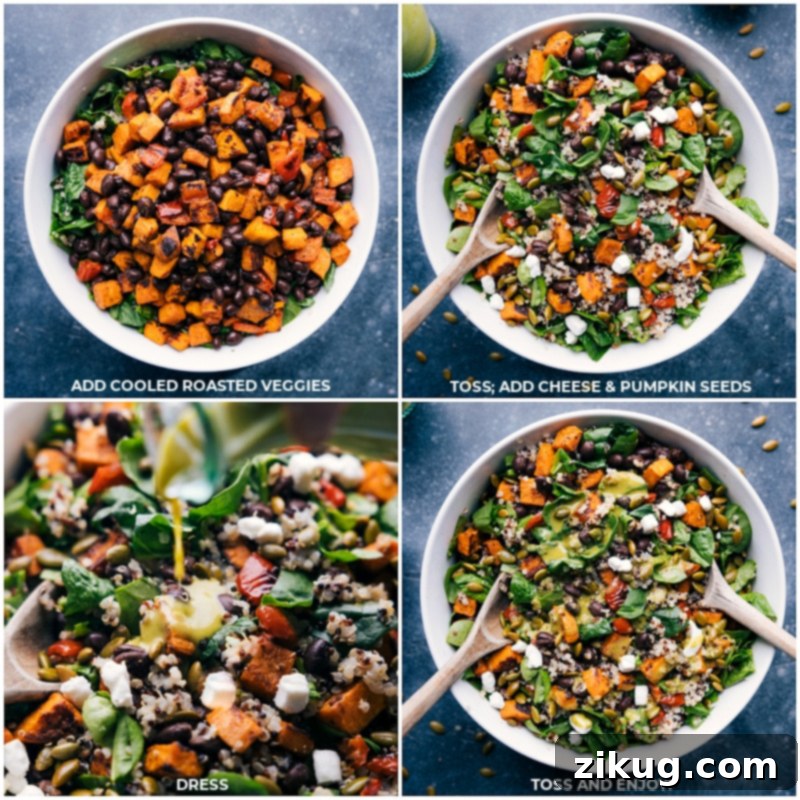 This Quinoa Salad Recipe is our new favorite! Roasted sweet potato, sweet pepper, and black beans atop a bed of spinach and cooked quinoa with roasted pumpkin seeds and crumbly soft cheese. Recipe via ChelseasMessyApron #dinner #quick #easy #simple #best #fresh #clean #cleaneating #detox #detoxsalad #goatcheese #dressing #quinoa #salad #recipe Process shots of the Quinoa Salad Recipe assembly, showing cooled roasted veggies, cheese, and pumpkin seeds being added over the salad and then drizzled with dressing.