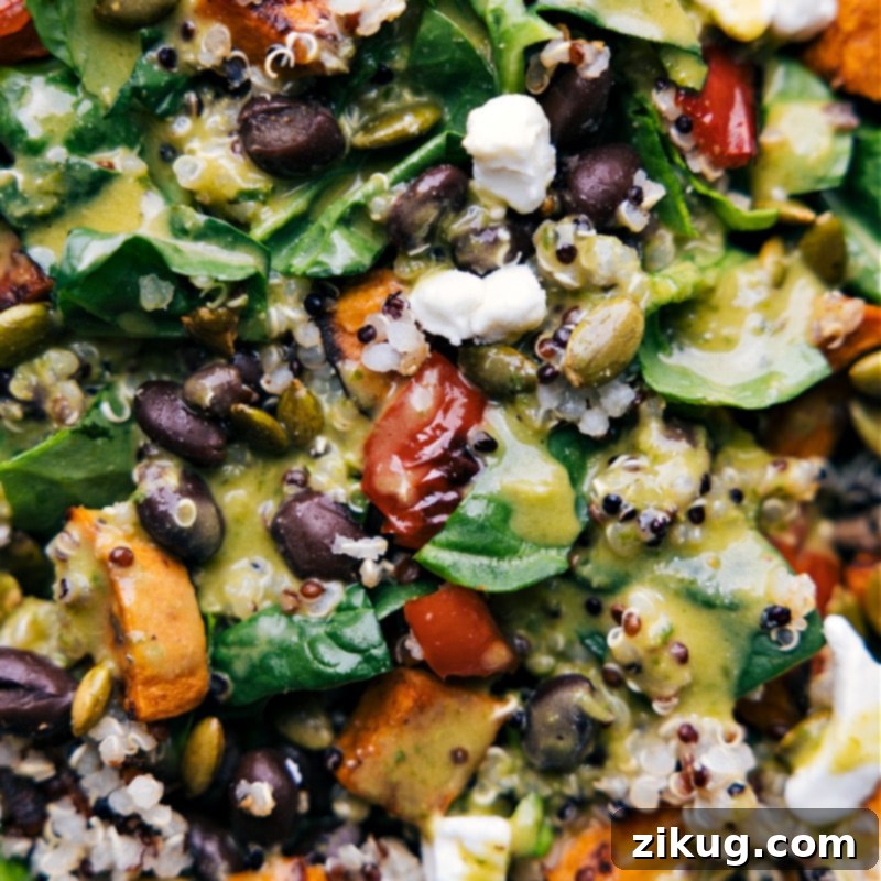 Quinoa Salad Recipe! Roasted sweet potato, sweet pepper, and black beans atop a bed of spinach and cooked quinoa with roasted pumpkin seeds and crumbly soft cheese. Add the show-stopping basil-lime vinaigrette and we're ready to eat! Recipe via ChelseasMessyApron #dinner #quick #easy #simple #best #fresh #clean #cleaneating #detox #detoxsalad #goatcheese #dressing #quinoa #salad #recipe Overhead image of the Quinoa Salad Recipe, dressed and ready to be enjoyed, showing the vibrant colors and appealing textures.