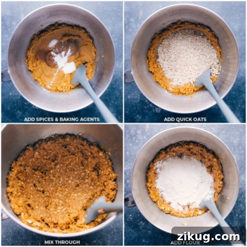 Mixing Dry Ingredients into Pumpkin Oatmeal Cookie Dough: Spices, Oats, and Flour Process shots of Pumpkin Oatmeal Cookies showing spices, baking agents, oats, and flour being incorporated into the dough mixture.