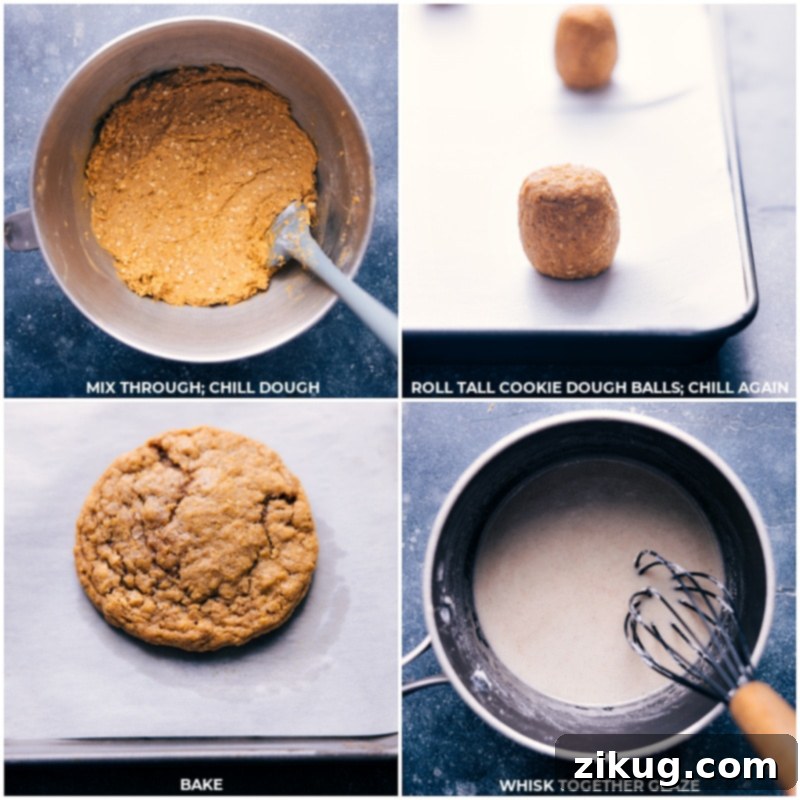 Preparing the Glaze and Finished Pumpkin Oatmeal Cookies on a Cooling Rack Process shots showing the freshly baked cookies and the pumpkin-spiced glaze being whisked together, ready for application.
