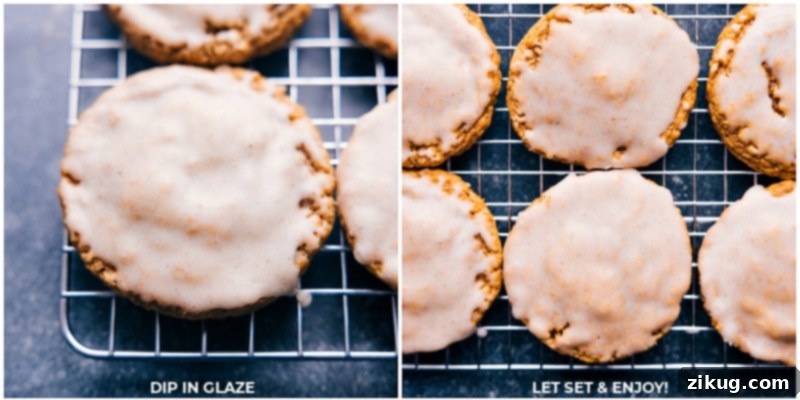 Irresistible Glazed Pumpkin Oatmeal Cookies, Perfect for Fall Overhead image of glazed Pumpkin Oatmeal Cookies arranged beautifully on a plate.