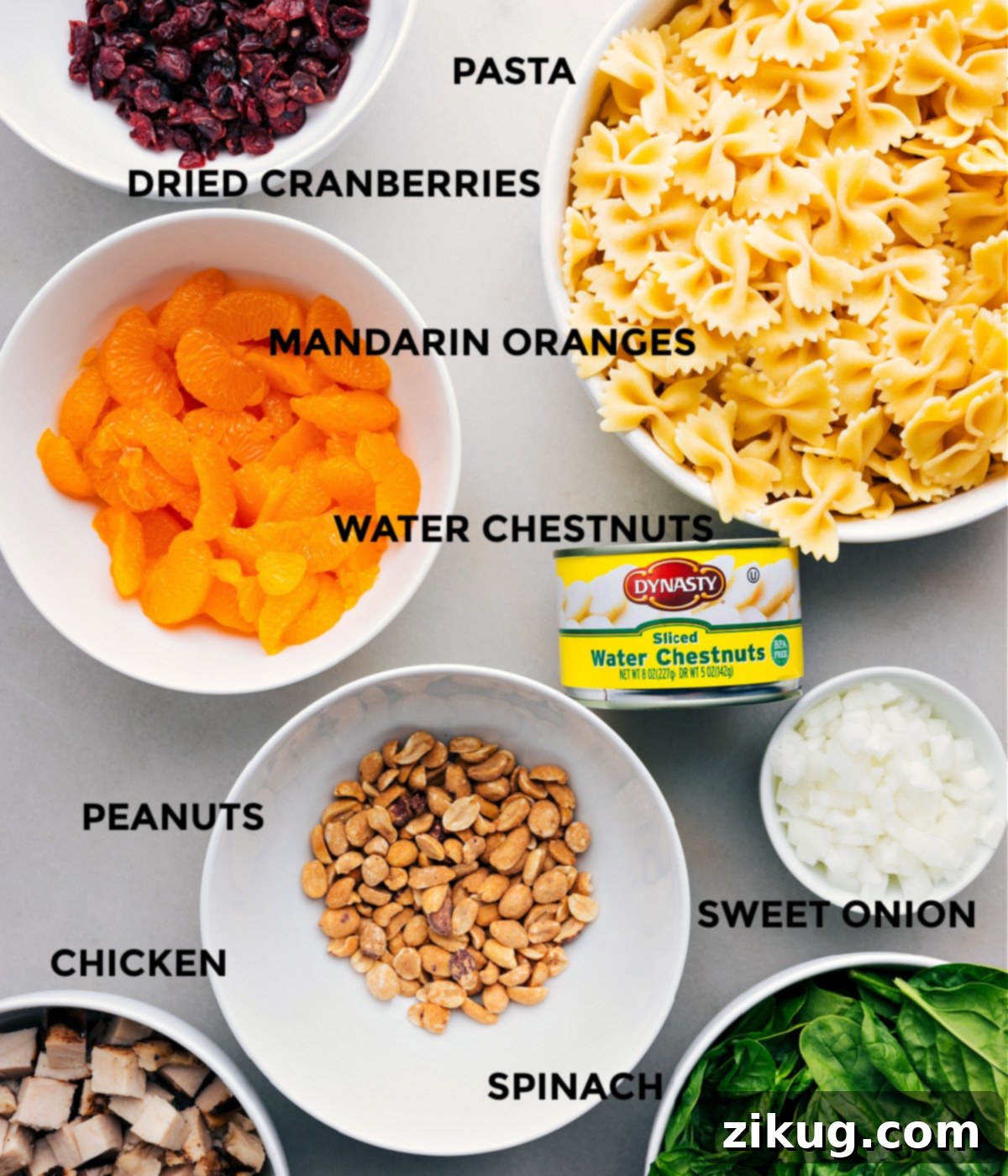 Ingredient In Teriyaki Chicken Salad Ingredients for Teriyaki Chicken Salad laid out: dried cranberries, pasta, water chestnuts, mandarin oranges, onion, spinach, peanuts, and diced chicken, prepped for easy assembly.