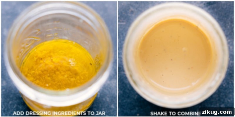 This delicious Tahini Dressing is luxuriously thick and creamy without any mayo or cream! It's delightfully flavored with a hint of lemon and touch of honey. Drizzle this dressing on your favorite salad. Recipe via chelseasmessyapron #salad #saladdressing #tahini #dressing Process shot showing all the Tahini Dressing ingredients being combined and mixed together in a clear mason jar, demonstrating the ease of preparation.